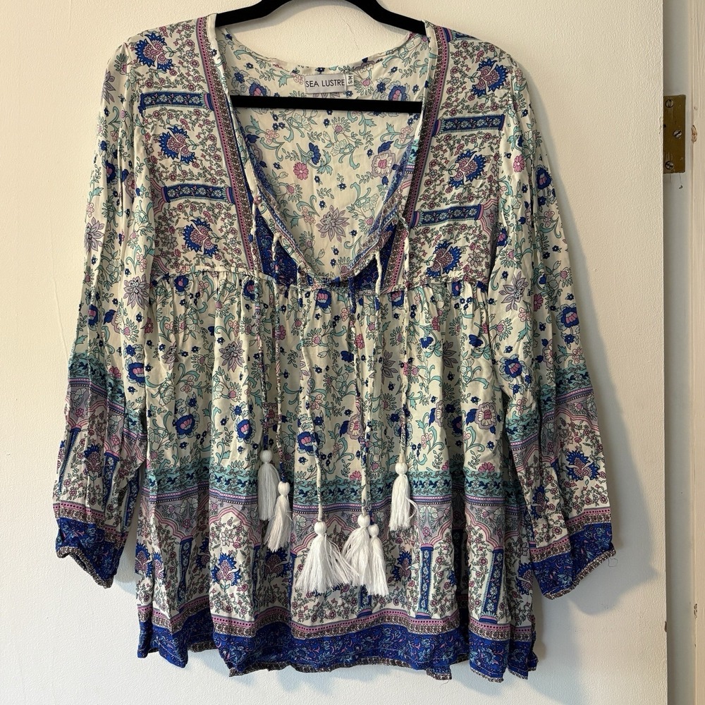 Women's Boho Top Medium Handmade White Tassel Floral Cottagecore Bohemian Hippie